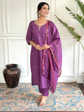 PURPLE COLOURED  WOMEN'S VISCOSE CHANDERI  EMBROIDERED  KURTA WITH PANT DUPATTA SET